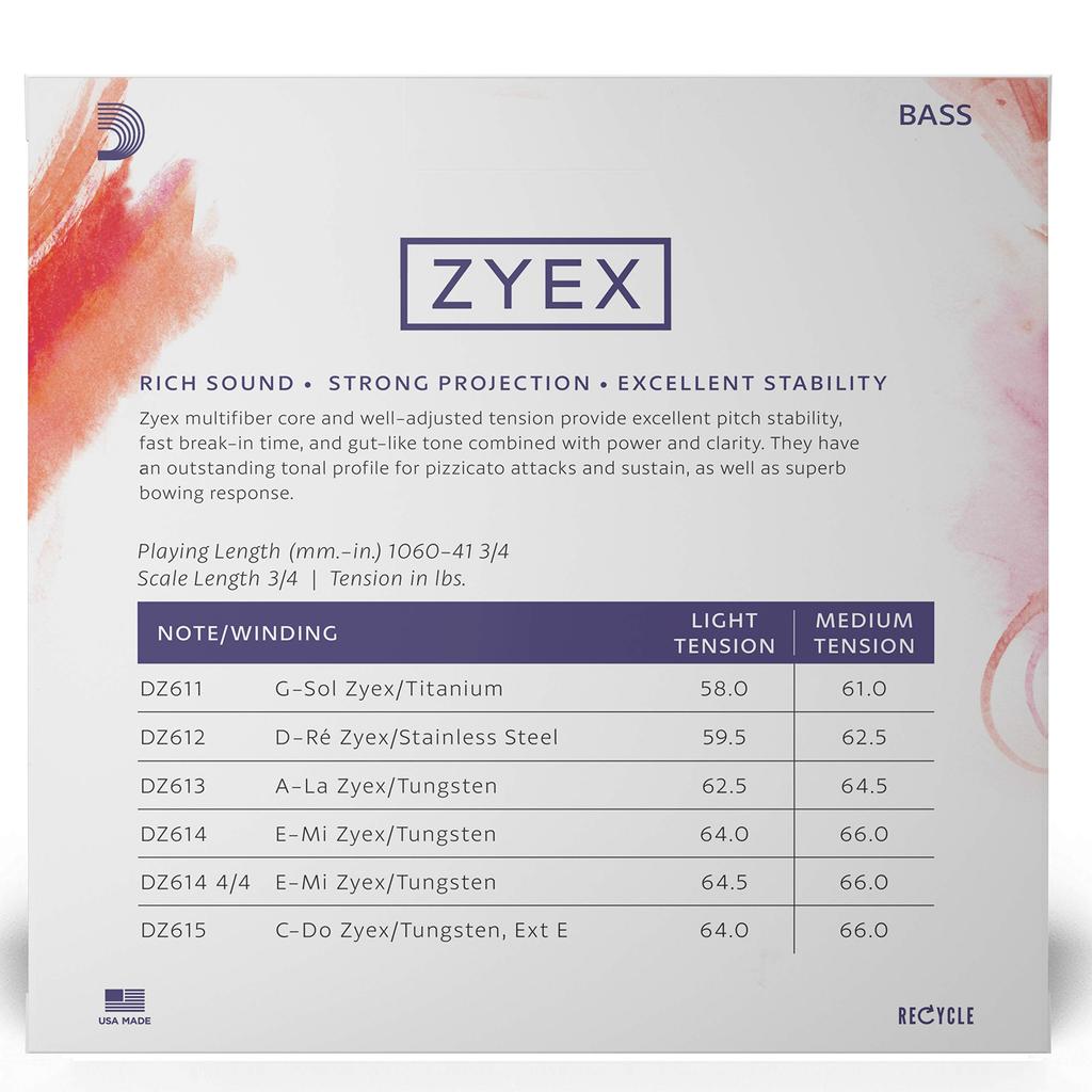 Wood Base Strings Zyex Set DZ610 Medium Tension D'Addario (Contrabass) 3/4M []
