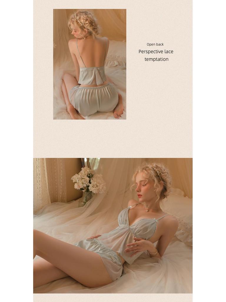 Sexy Pyjama-Set aus Eisseide mit kurzem Knopf vorne und Bauchband für Damen