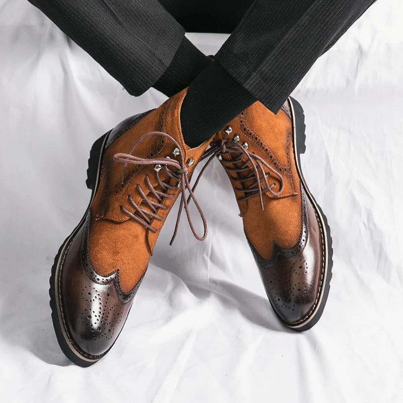 Fashion Men's Suede Leather Patchwork Brown Ankle Boots Brand Designer Flat Bottom Short Boots Men's Outdoor Flat Bottom Casual Boots