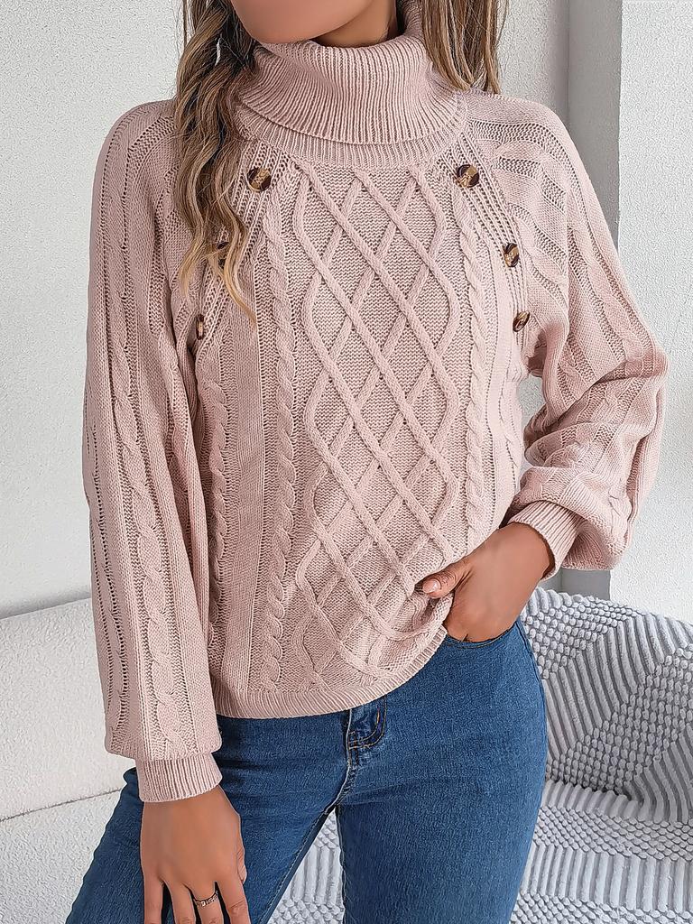 Herbst- und Winter-Freizeit-Unifarbener Knopf-Zopf-Rollkragen-Laternenärmel-Pullover, Damenbekleidung
