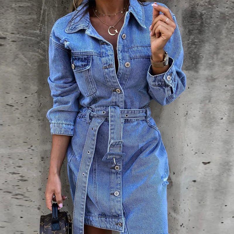 Polo Fashion Wind Ripped Burr Denim Dress