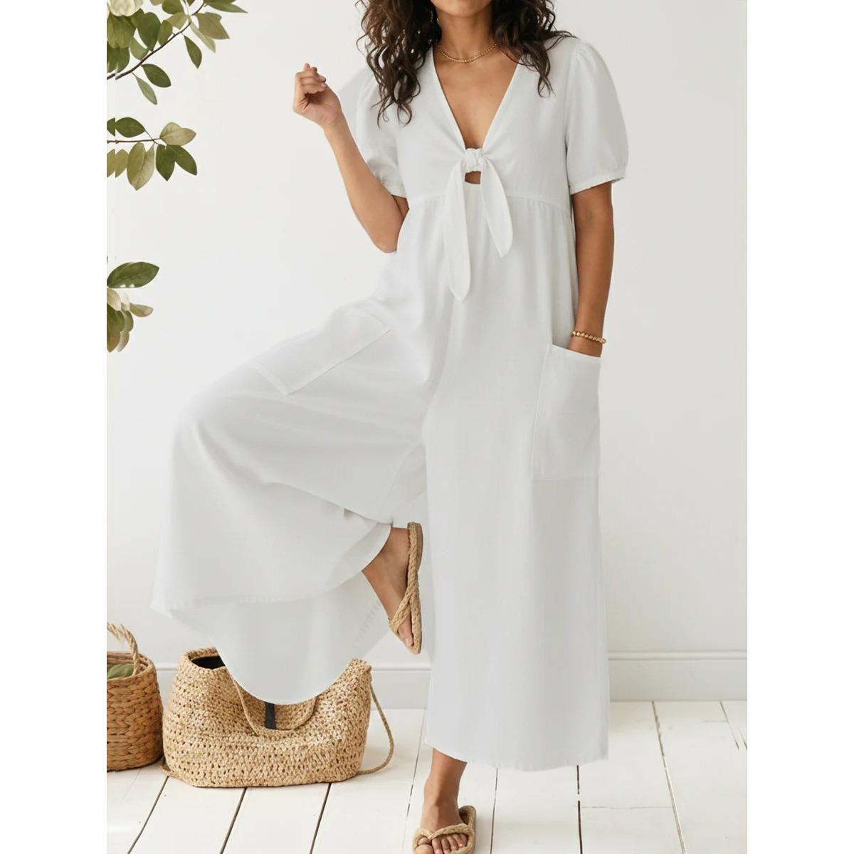 Women s V Neck Short Puff Sleeve Front Tie Pocket Loose Wide Leg Denim Jumpsuit S