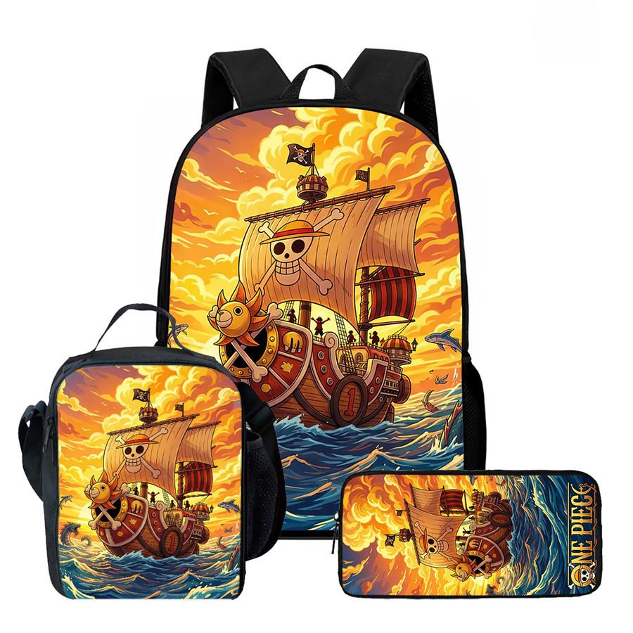 One Piece Anime Backpack 3Pcs Set Cartoon School Backpack Crossbody Bag Pencil Case Student Schoolbag Travel Backpack Gift