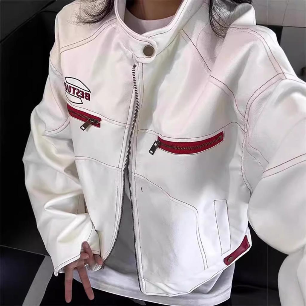 Weiße kurze Lederjacke Herren Herbst und Winter Motorradjacke Stehkragen Stickjacke