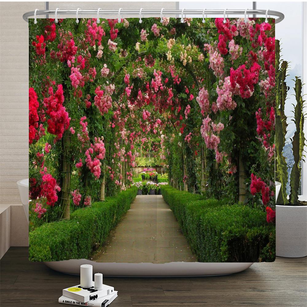 Flowers Scenery Waterproof Shower Curtains Rural Street Flowers Bathroom Curtains Polyester Fabric Washable Decor Bath Curtains