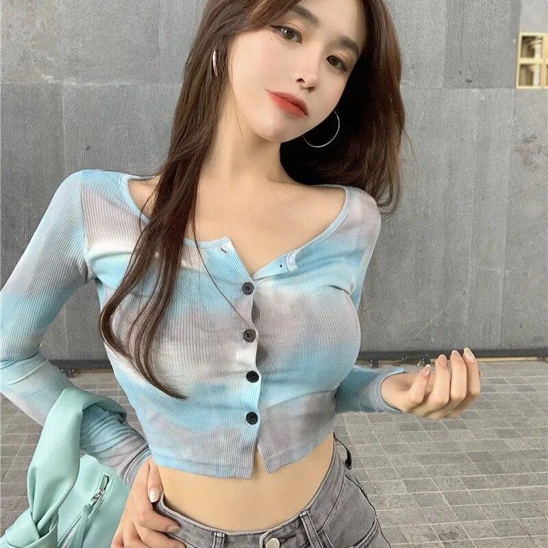 Women's Tie-dyed O-Neck Button Casual  Navel Exposed Long-Sleeved Cardigan Tops