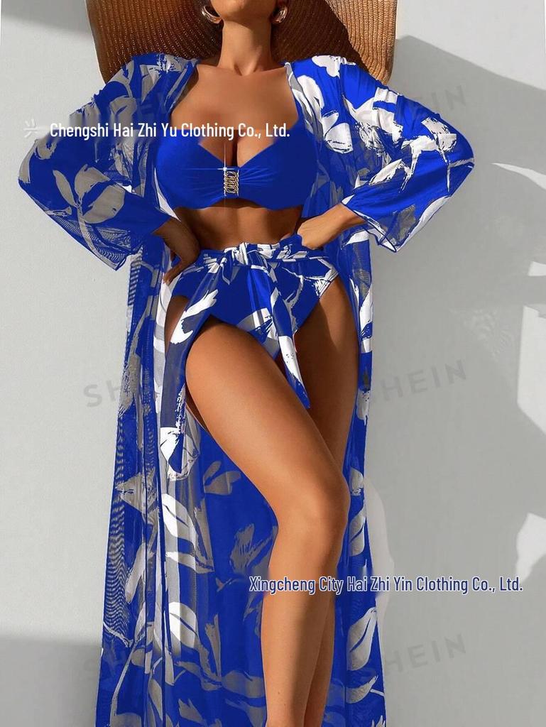 Women's High Waist Bikini 3-Piece Set with Long Shirt - European & American Style 2025 Swimwear