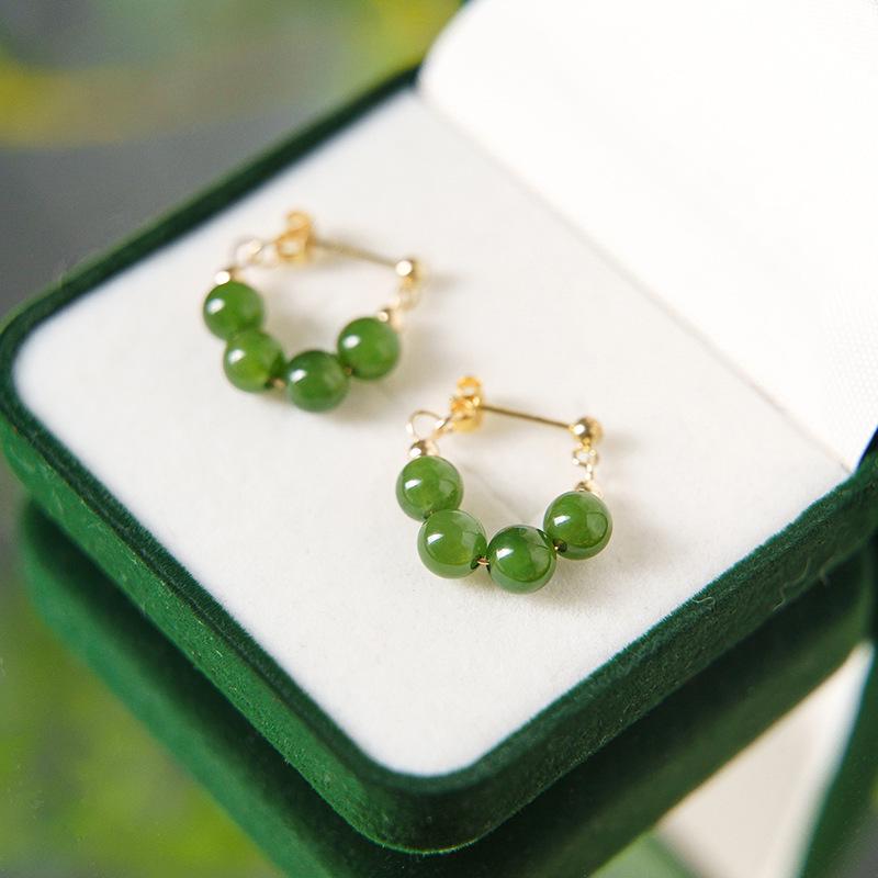 Hetian Jade & Sterling Silver Earrings - New Chinese Style Green Jade Studs for Autumn/Winter