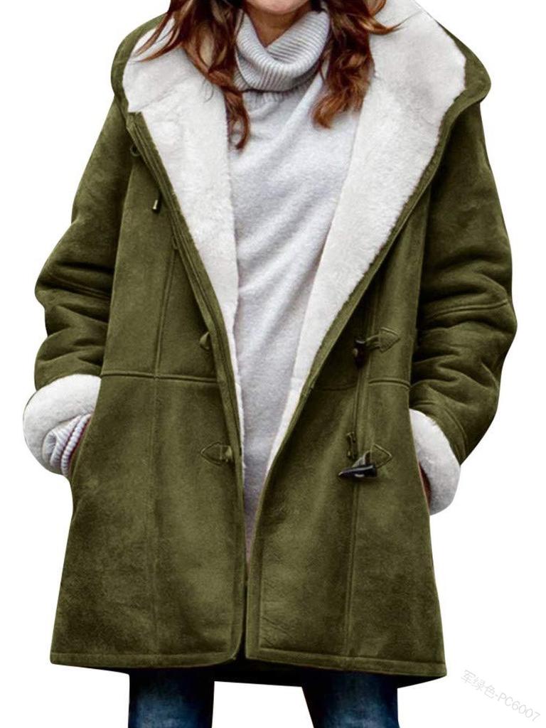 Women's Olive Green Long Hooded Faux Suede Coat, Winter Warm Outerwear