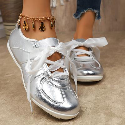 Baskets Plates Mode Or Argent pour Femmes Légères Semelle Souple Chaussures Décontractées Femme Confortables Antidérapantes Chaussures Plates Grande Taille 43