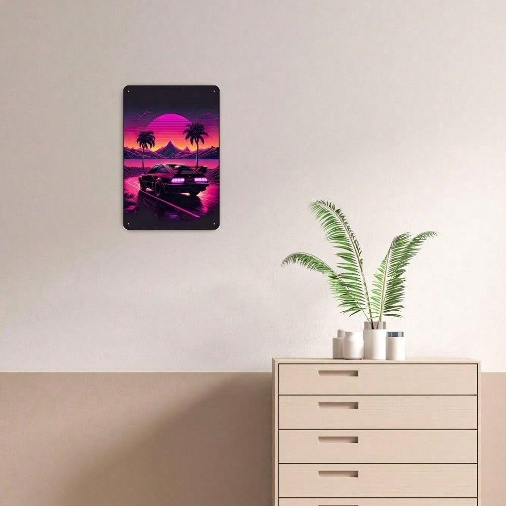 Retro Synthwave Car Sunset Metal Tin Sign Vintage Vaporwave Wall Art Unframed Man Cave Decor 8x12 Inch