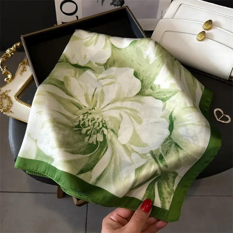 Blomsterskjerf i silkeimitasjon for dame, halsklede, bandanaer, foulard, sjal, omslag, hårbånd for kvinner, moteriktige blomsterskjerf