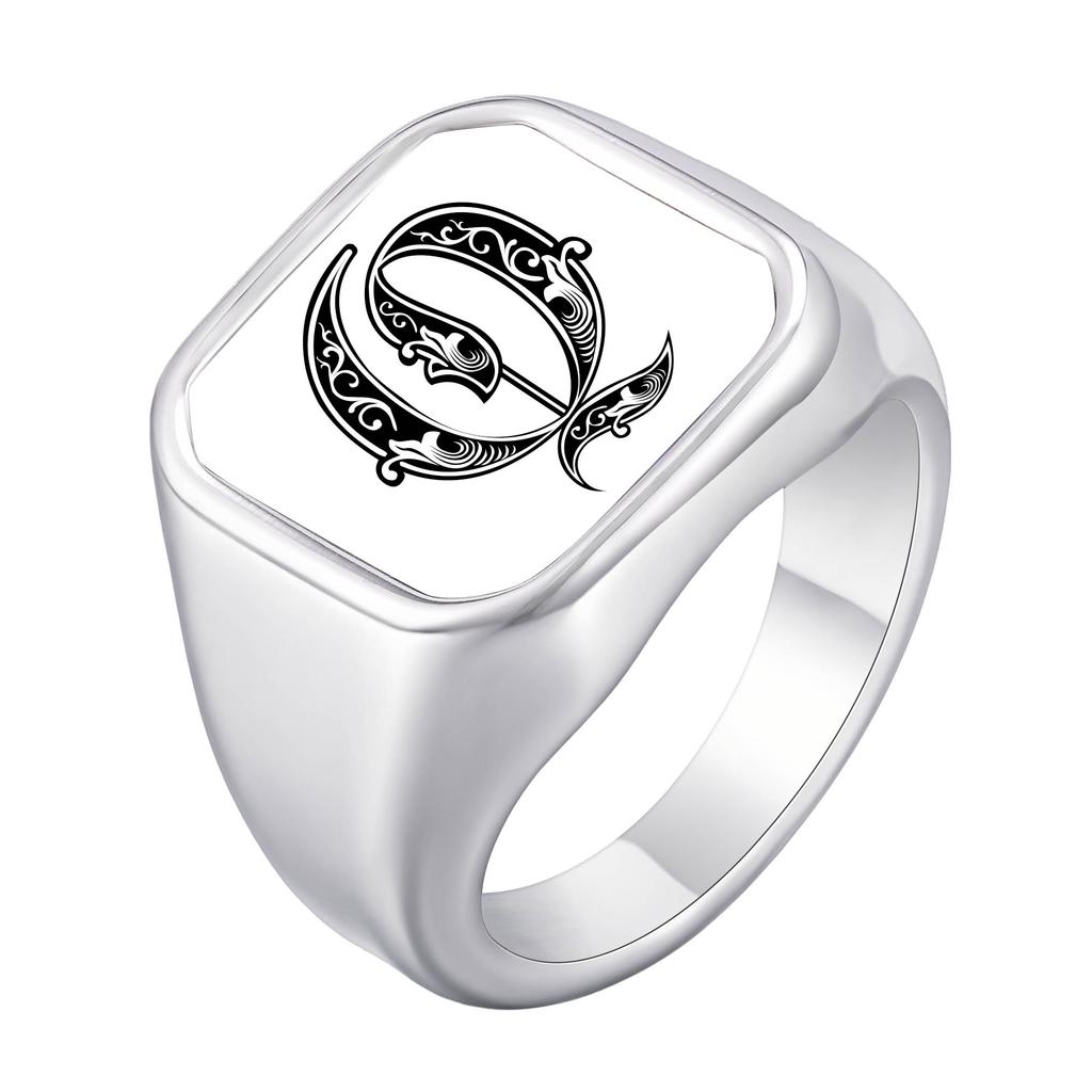 Engrave Custom A-Z Initial Picture Rings for Men, Stainless Steel Male Signet Ring, High Polished Finger Jewelry Gift Father Day