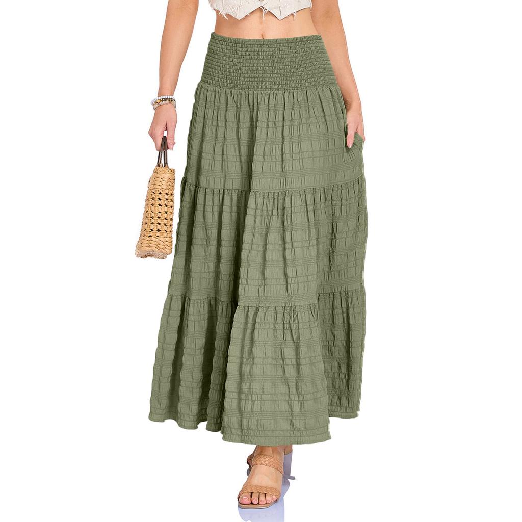 Falda Larga de Mujer Verano Boho Fluida con Volantes Casual Elástica de Cintura Alta Oscilante Línea A Larga con Bolsillos