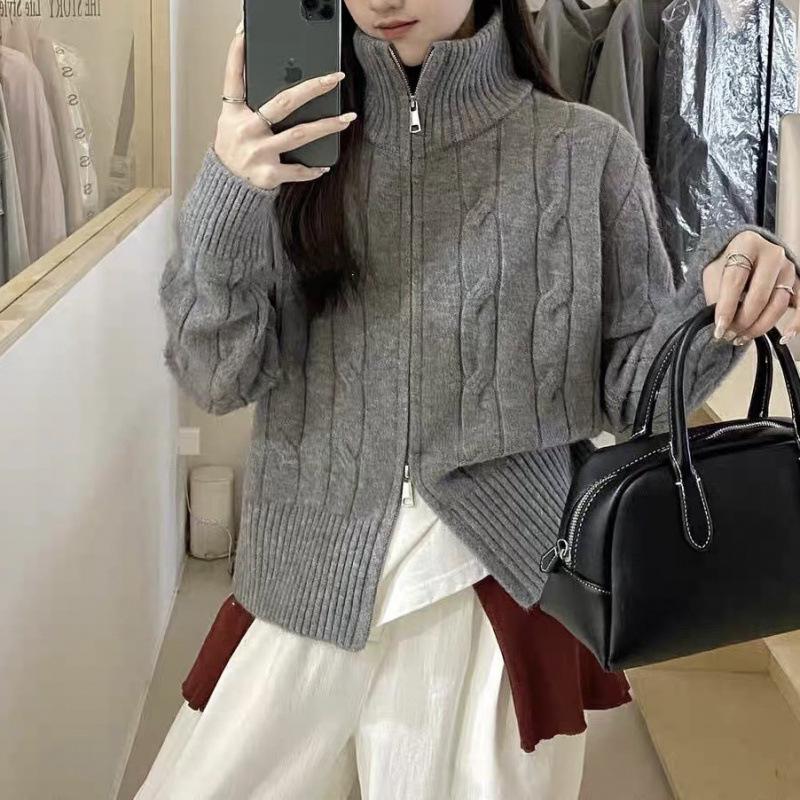 Solid Color High Neck Cable Knit Cardigan Sweater with Double Zipper for Women