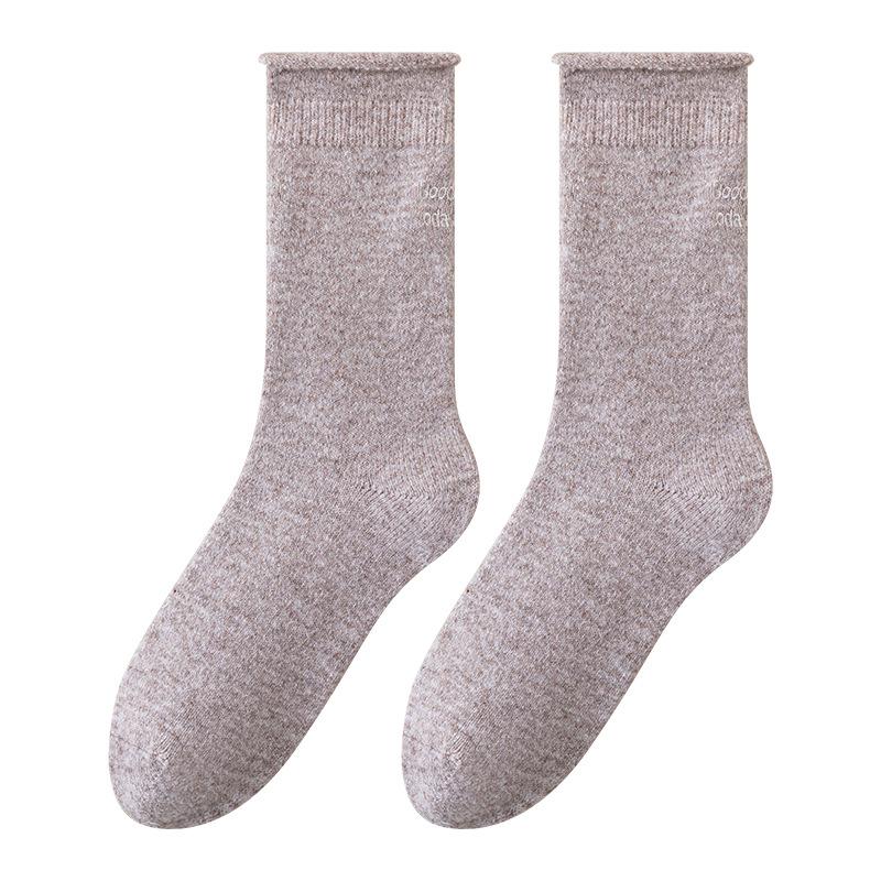 Winter and Autumn Mid-length Wool Socks with Embroidered Rolled Edges, Soft and Warm, Straight and Fluffy Socks, Versatile Socks