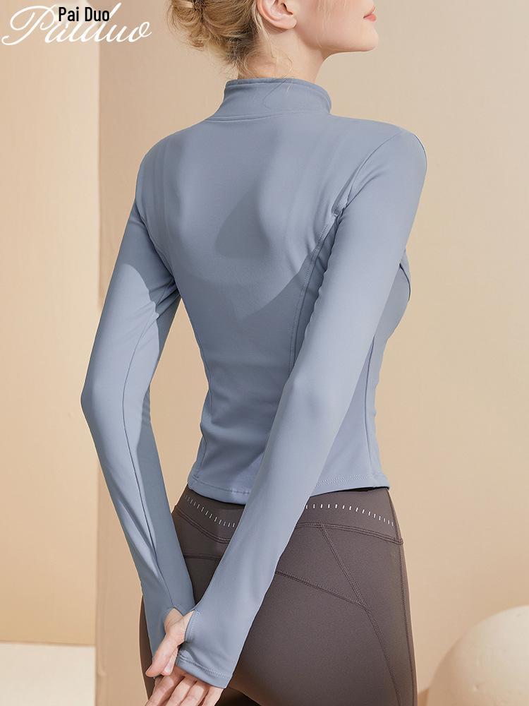 Women's Long Sleeve Sports Yoga Jacket - Stand Collar Cardigan for Running, Fitness, and Pilates