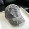 American-style washed denim baseball cap with distressed details, suitable for women, with a large head circumference, and a trendy design