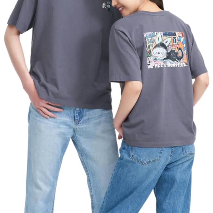 Uniqlo X Pop Mart Cartoon Anime Print Crew Neck T-Shirt Unisex Tops Dark-Gray 449367-08