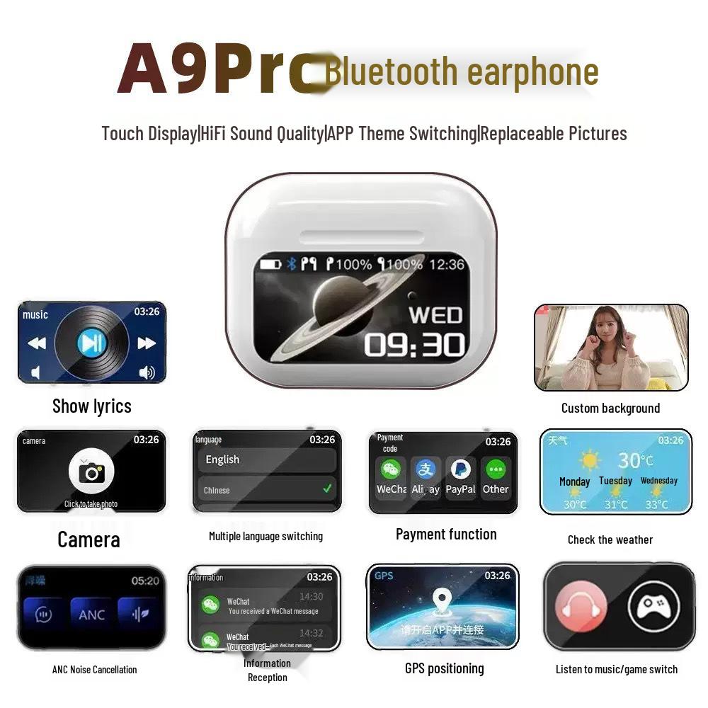 A9Pro Bluetooth 5.4 TWS In-Ear Earphones with ANC and Color Touch Screen