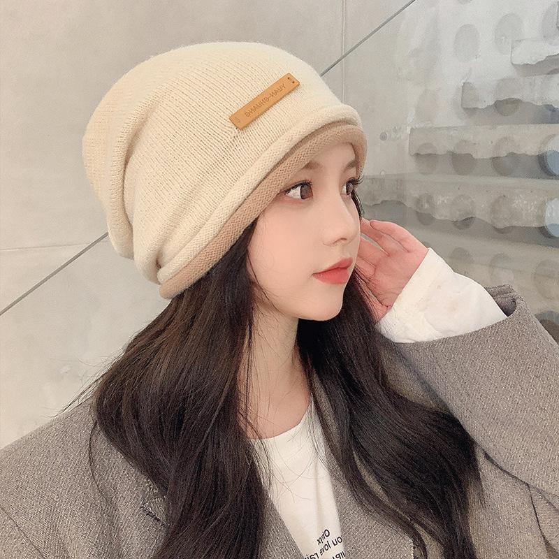 Curled Edge Fashionable Knitted Pullover Hat for Women Ear Protection Outdoor Confinement Warm Color Matching Toe Cap  Wool Pile Hat for Men