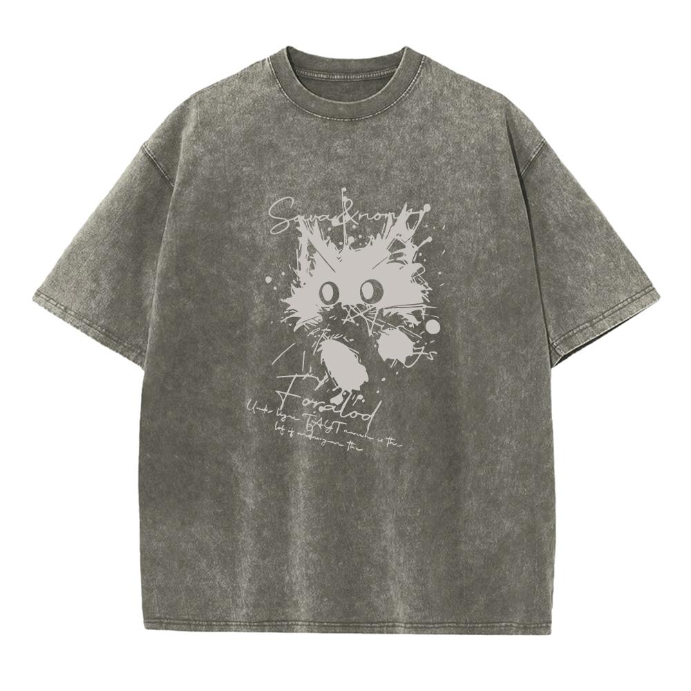 Spring Summer New Washed TShirt Loose Fitting Casual Cat Print Pure Cotton Crew Neck Short Sleeve Retro Street Style