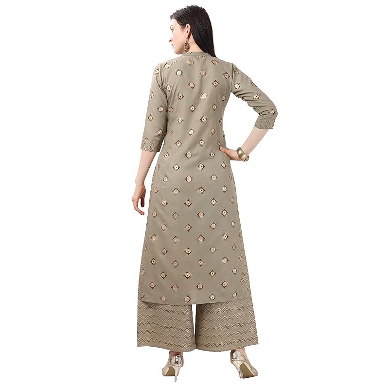 NAINVISH Women Grey Cotton Blend Printed Straight Kurti with Palazzo Set (SD53GREY-M) S серый