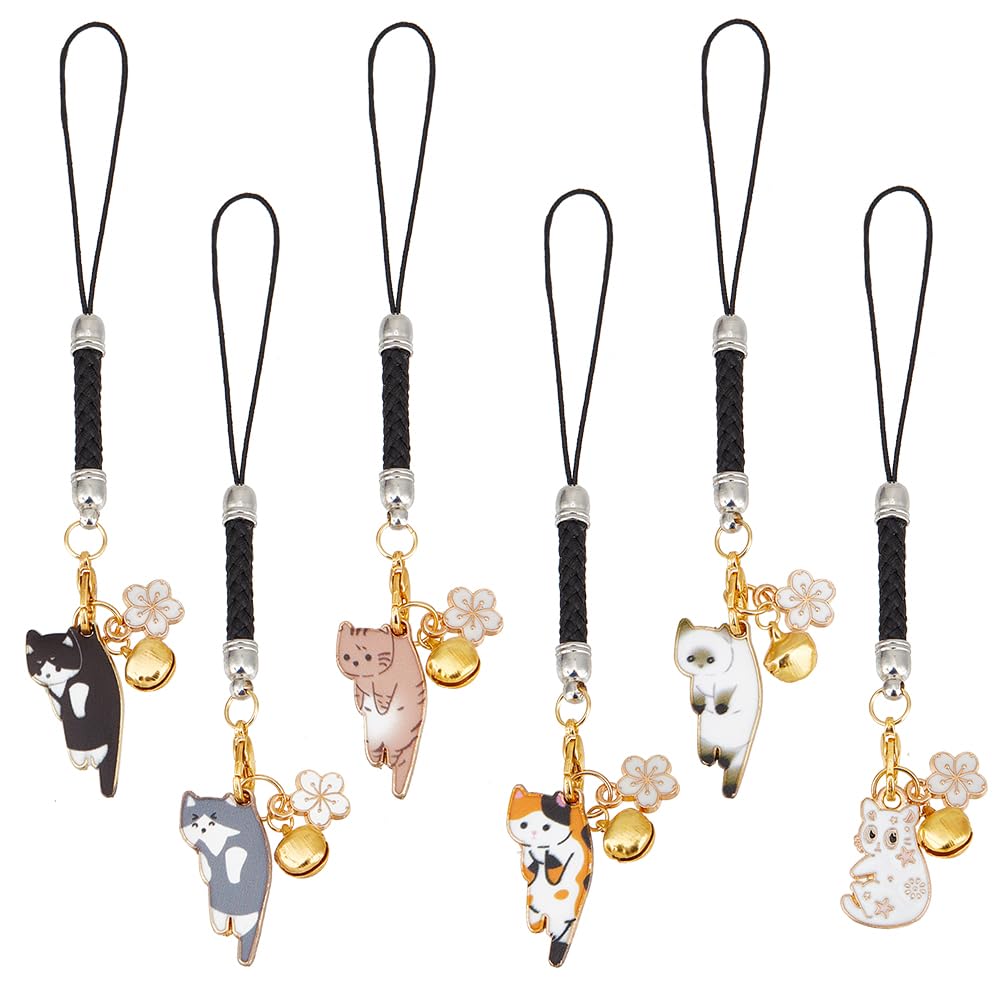 

OLYCRAFT 6 предметов брелок для ключей в виде кошки, брелок с цветочным шармом, эмалированный кулон, брелок с нейлоновым шнуром, петля, брелок в японском стиле, 6 цветов, поделки, разные подарки