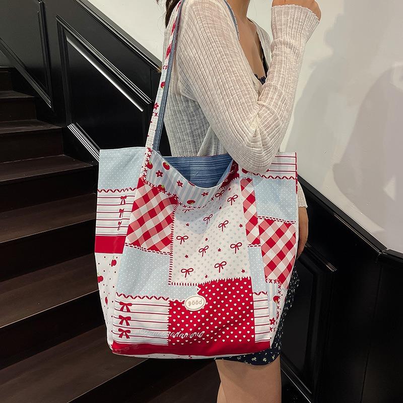 Contrasting Color Canvas Bag Women's Large-capacity New Summer Versatile Shoulder Bag College Student Class Tote Bag