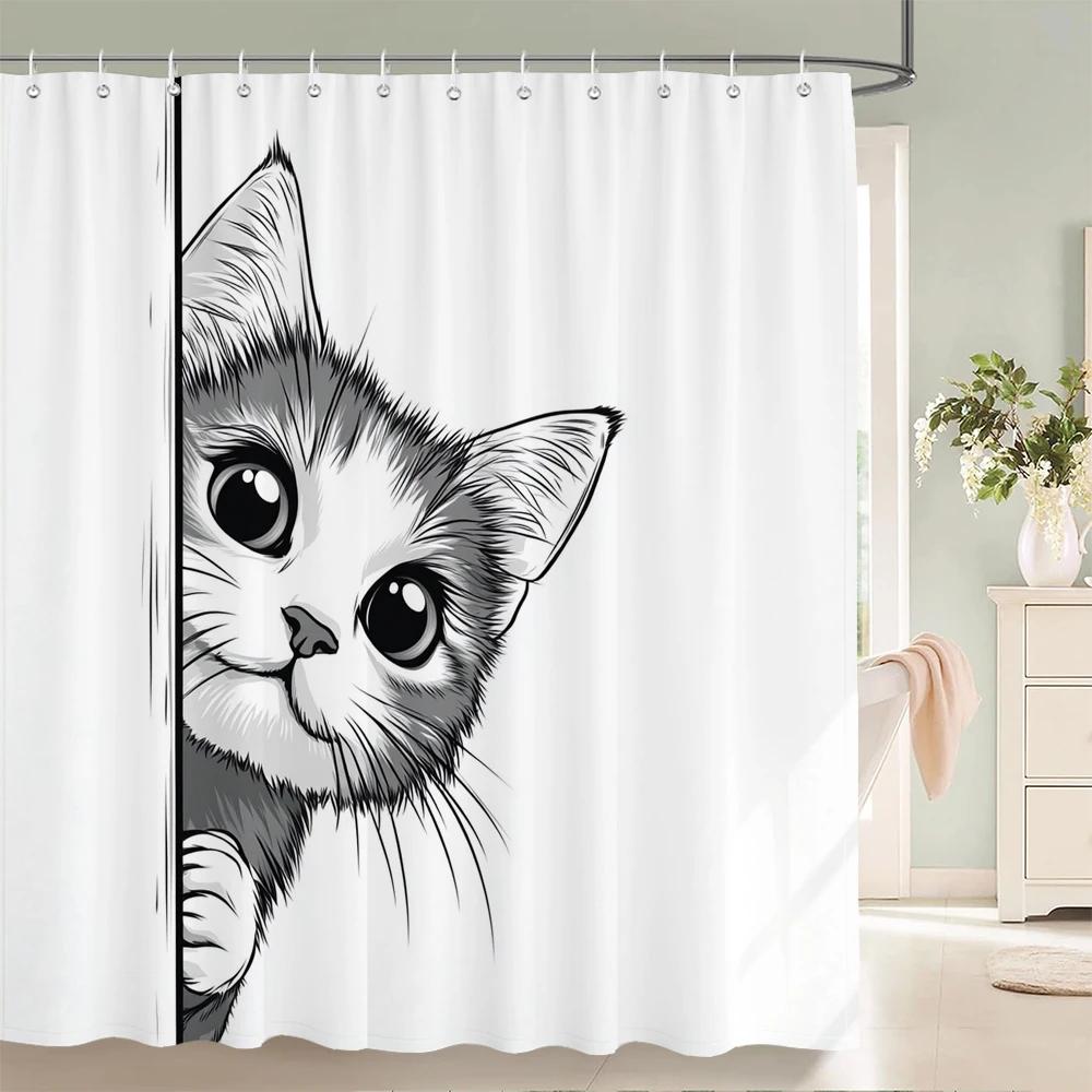 Minimalistisk stil Katt Hund Duschdraperi Intressant och Kreativt Djurtryckt Badkarsdekoration Badrumsgardin Med Krokar