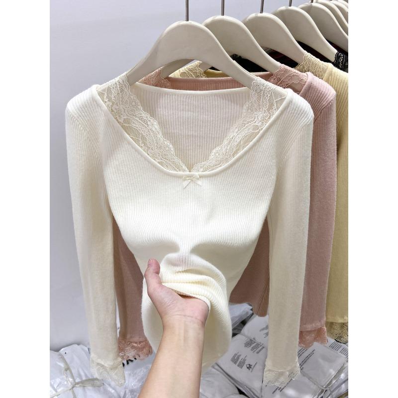Pink white age-reducing slim-fit collar splicing lace long-sleeved knitted top women's spring new sweater bottoming shirt