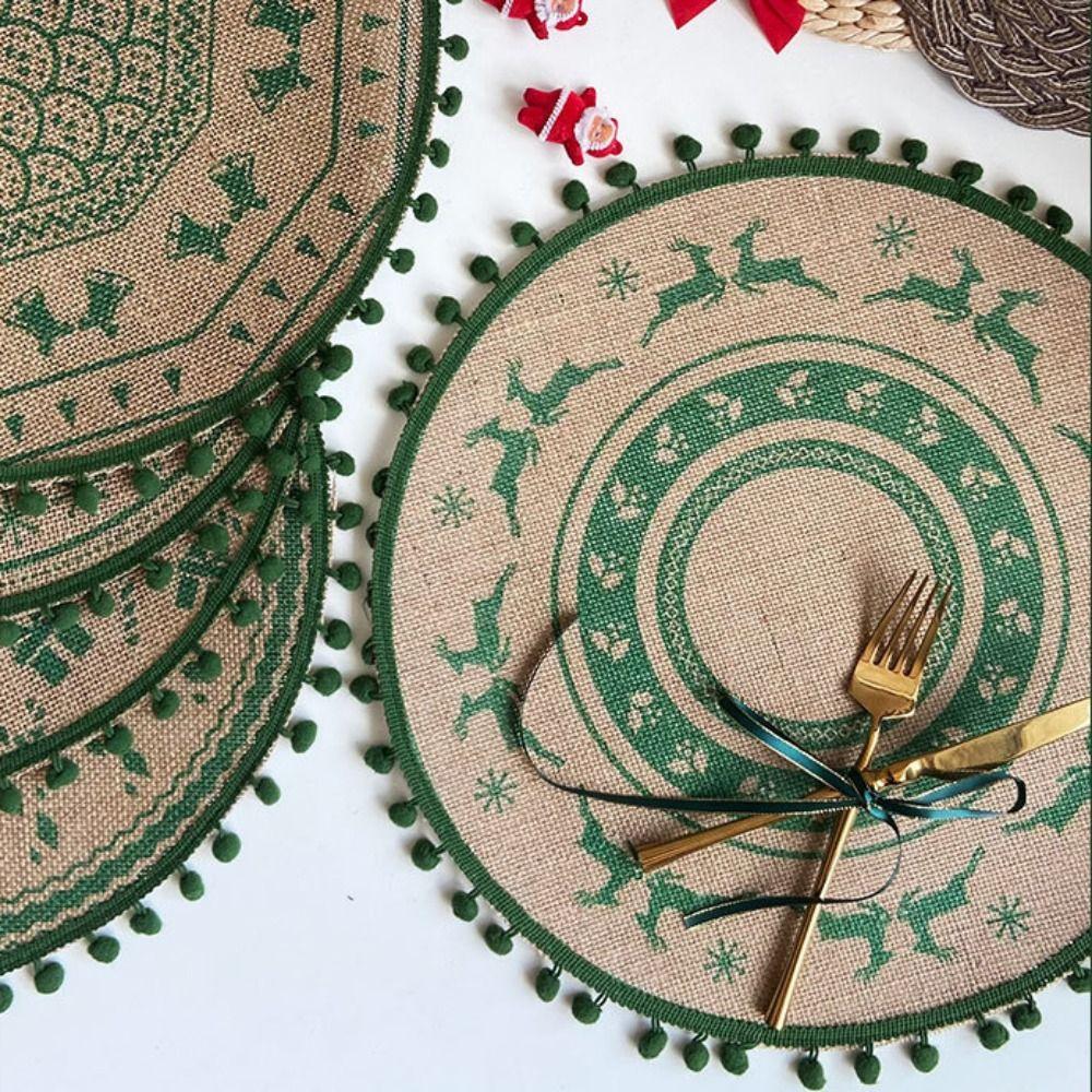 Santa Snowflakes Jute Christmas Placemat Round Retro Tableware Mat Vintage Heat Insulation Coaster Dinner
