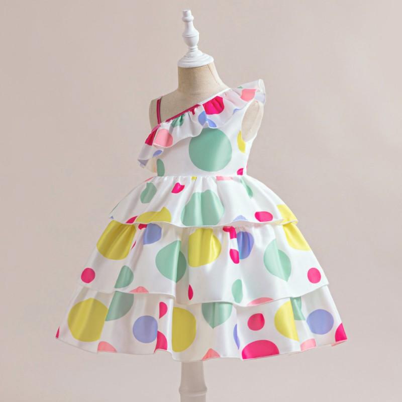 Girls Polka Dot Princess Dress Off Shoulder Formal Gown Kids 4-8 Years Festival Performance Wear