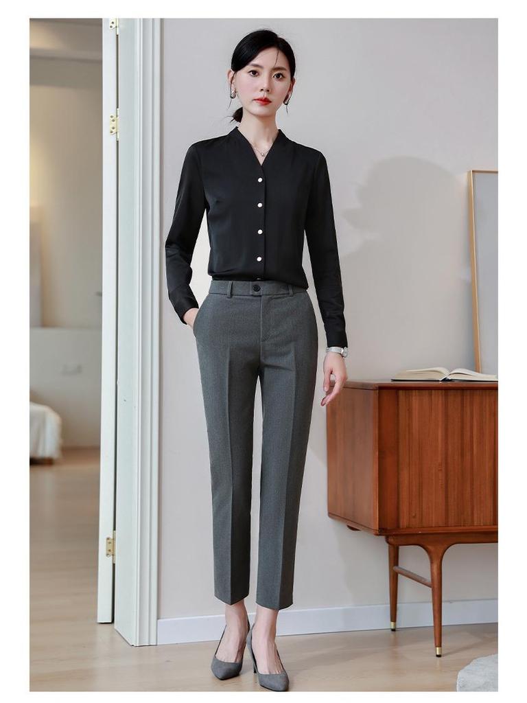 Women's Retro Hong Kong V-Neck Chiffon Shirt - Long Sleeve, Loose Fit, Stylish Workwear for Spring/Autumn