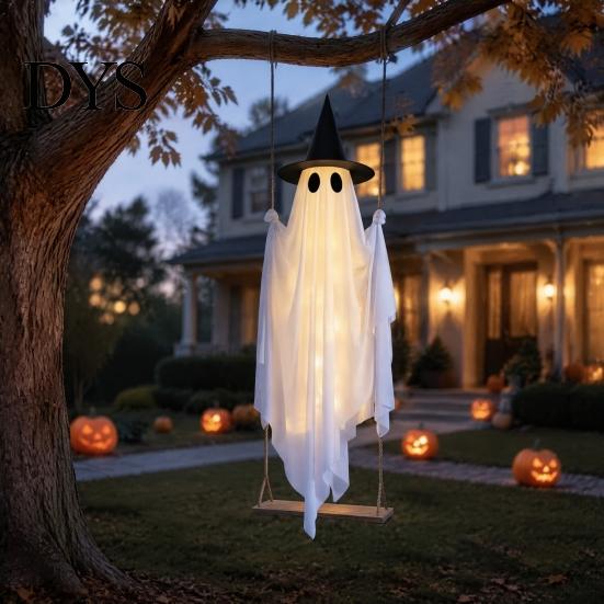 Glowing Halloween Atmosphere Prop Hanging Swing Ghost Decoration with Witch Hat, Spooky Outdoor Decor Flexible Fabric for Display String Light