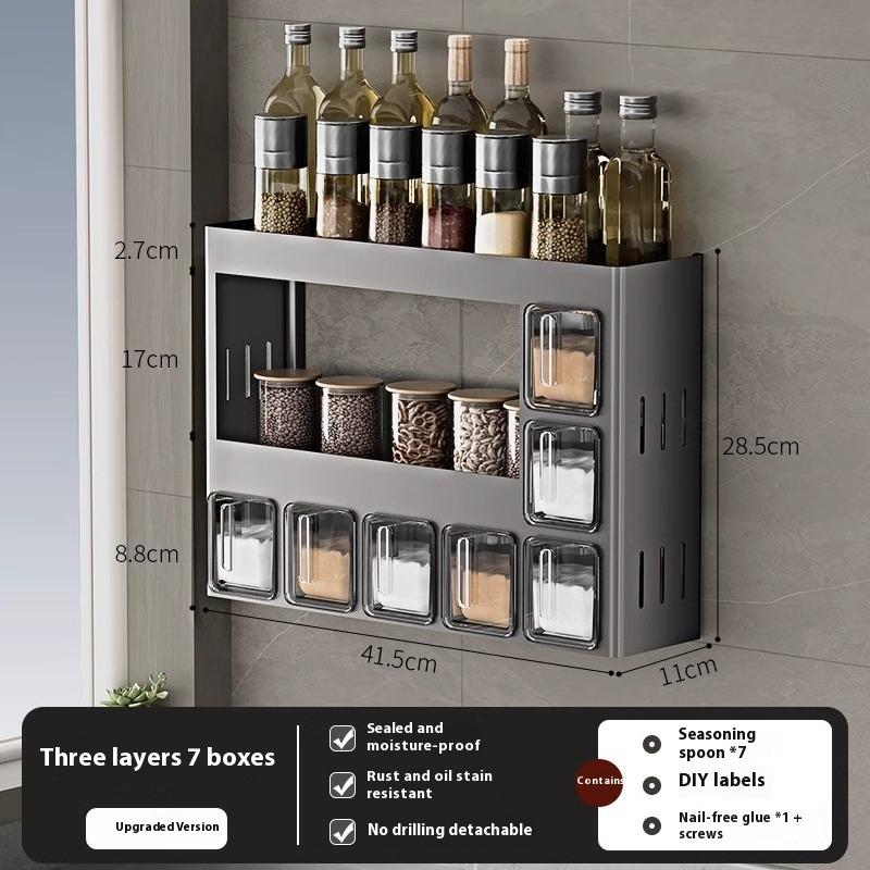 Kitchen Rack High-end Household Non-punching Wall-mounted Seasoning Box Oil Sauce and Vinegar Storage Rack Seasoning Tank Shelf