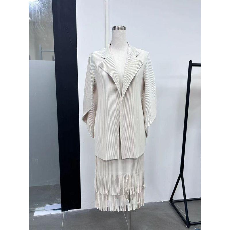 

Spring & Fall New Arrival Ruched Fashion Elegant Suit Collar Two-piece Set Pure Color Tied Tassel Skirt Suit Suit White One size