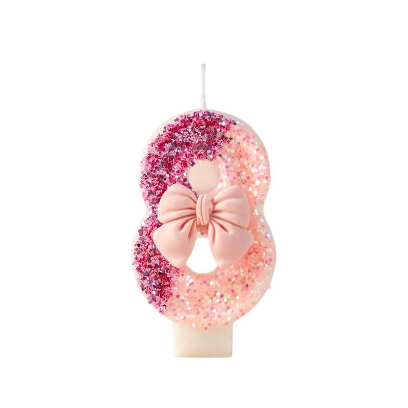 Glitter Pink Bow Number Candle - Color Block Birthday & Anniversary Cake Decor