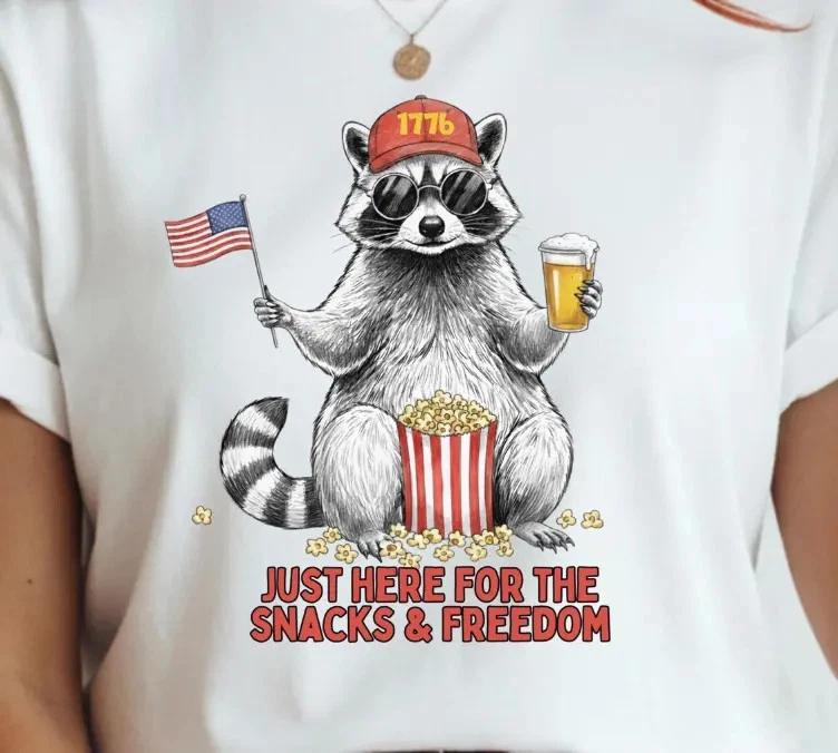 Patriotic Raccoon T- Shirt, Funny 4th of July Snacks Freedom Tee L