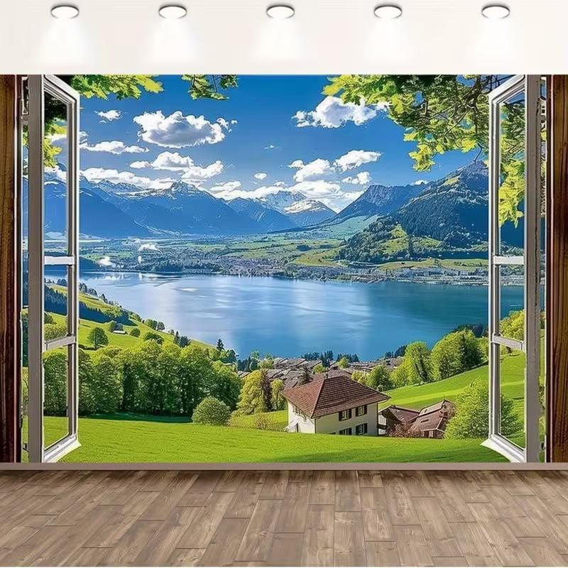 2D Green Countryside Window View Backdrop for Aesthetic Home Decor 47.2x31.5inch/120*80cm