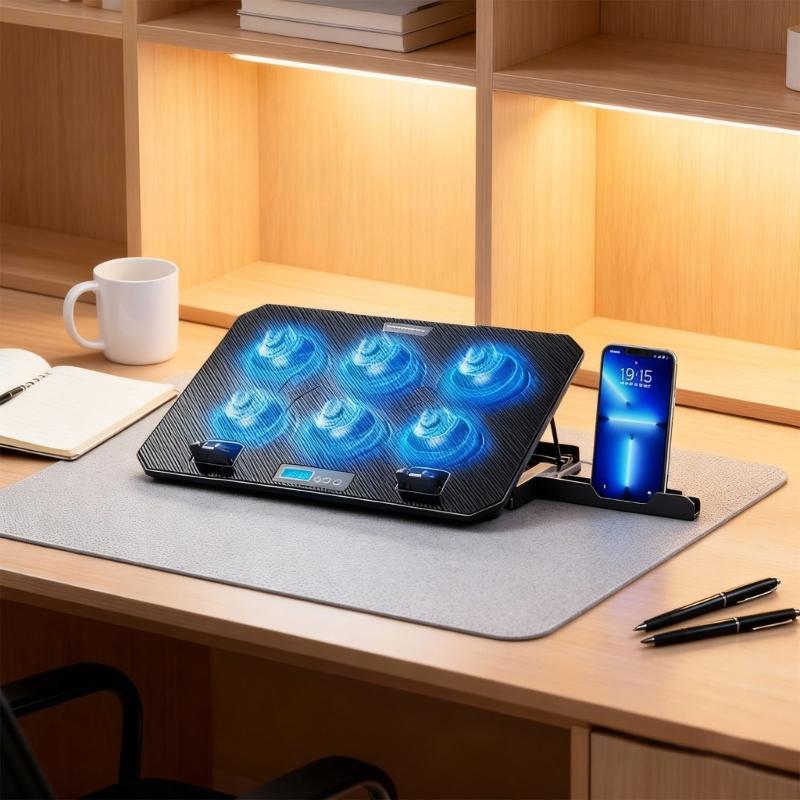 6 Quiet Fan Laptop Cooling Lighting Adjustable Foldable Laptop Cooling Pad LED Light Fan with 2 USB Port Phone Holder