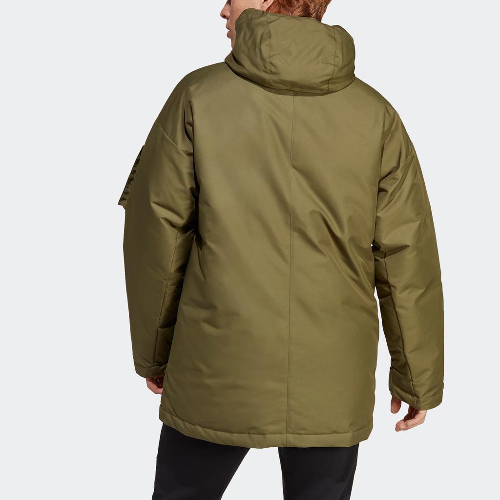 Adidas Sports Lifestyle Series Enkel Hettejakke med Glidelås og Lommer Varm Parka Nedfelt Skulder Langermet Dunjakke Herre yttertøy Mørk Oliven Grønn HK6664