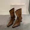 Autumn and winter new pointed thick heel knight boots women's retro lace-up high heel thin boots wide mouth stacking boots