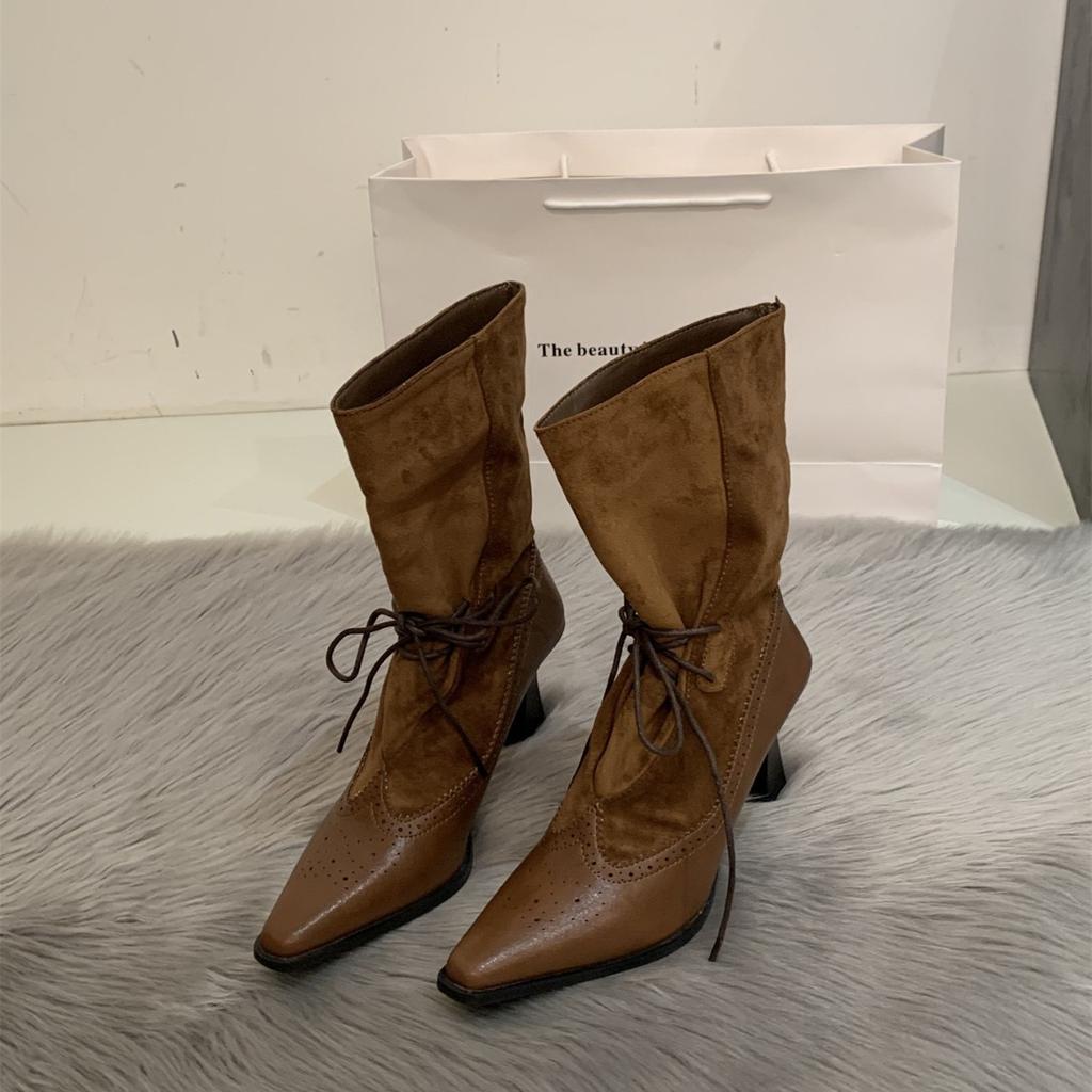 Autumn and winter new pointed thick heel knight boots women's retro lace-up high heel thin boots wide mouth stacking boots