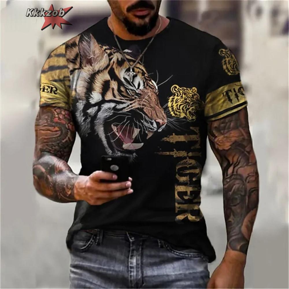 Fierce Tiger Animal Pattern Men's T-Shirts Short Sleeve 3D Animal Printed Trend Street Tee Oversized T Shirt Men Clothing Tops