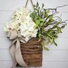 Yousheng Faux Hydrangea Door Hanger Basket Wreath Spring Summer Artificial Flower In Wicker Basket with Bow Front Door Hanging Flower Basket for Home