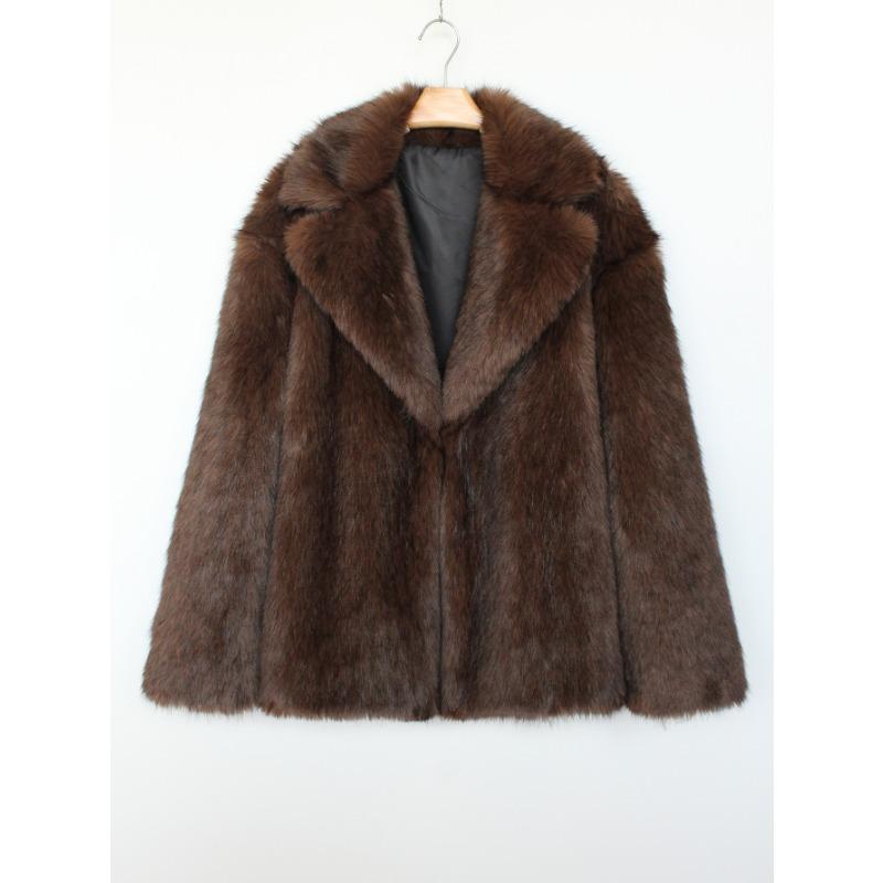 Women's Beige Faux Fur Blazer Coat Lapel Collar Warm Winter Jacket Office Lady