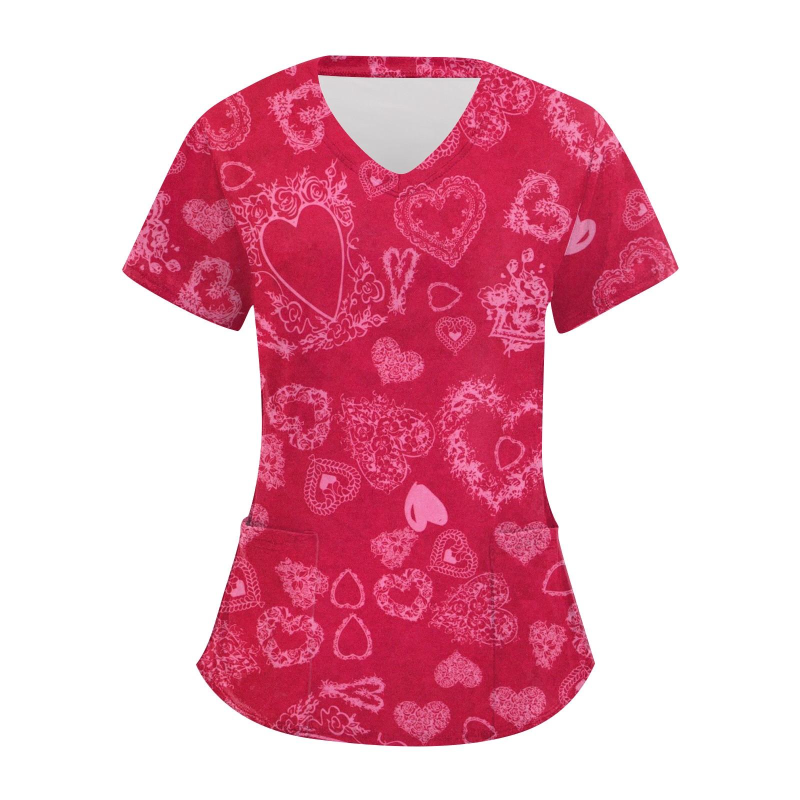 

Жіноча робоча блуза з кишенями з короткими рукавами та V-подібним вирізом із принтом до Дня Святого Валентина S винний