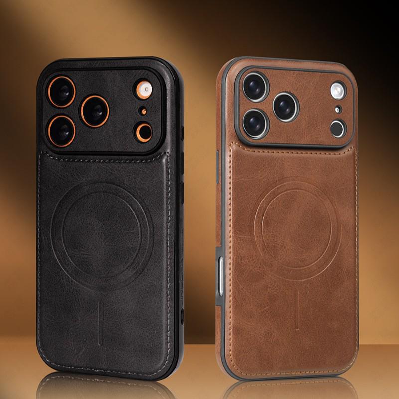 Magnetic Suction Full Coverage Leather Case for Apple iPhone 12-17 Pro Max, Drop-Proof, Men's & Women's