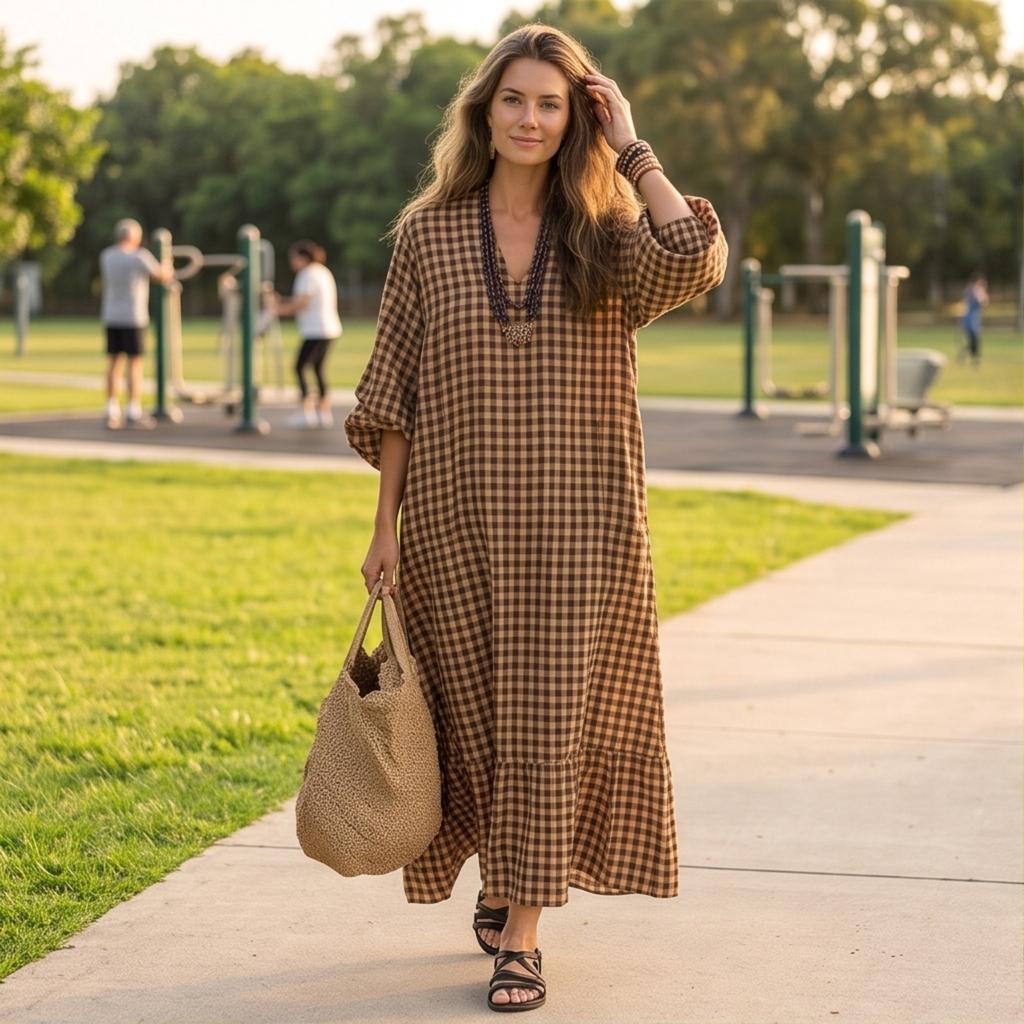 Women's Retro Plaid Loose Fit Cotton Linen Casual Dress